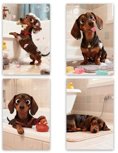 4 Stück Dackel Wanddeko, Badezimmer Deko Bild, Lustiges Dachshund Poster, Wandbilder Wohnzimmer Schlafzimmer, Leinwand bilder Wall Decor für Gäste WC, Toilette, Büro, Kinderzimmer(Ohne Rahmen,30×20cm)