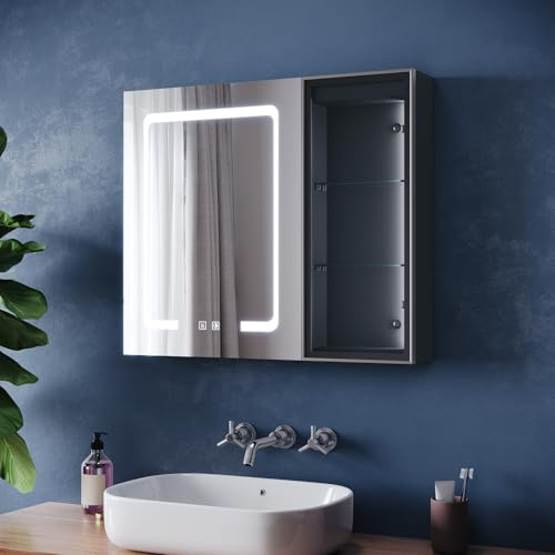 ZANOFIRA Bathroom Wall-Mounted Mirror Cabinet, 700x600mm Illuminated LED Bathroom Mirror Cabinet with Shaver Socket and Anti-Fog, 3-Colour Dimmable with Touch Switch, 2 Door & 2-Tier Shelf, Black