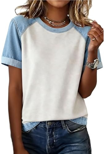 UHouse Bluse Damen Kurzarm T Shirt Sommer Blusenshirt Freizeit Jeansbluse Lässig Baseball Tshirt Rundhals Oberteile Mode Blusen Elegant Damenblusen Leichte Sweatshirt Kleidung Frauen Top Weiß M