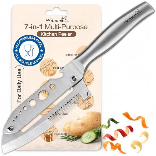 Withome All-Stainless Steel Multifunctional Vegetable Peeler for Kitchen | LFGB-tested food-grade build, thick steel body, smooth peeling, bottle opener, dishwasher safe, right-handed