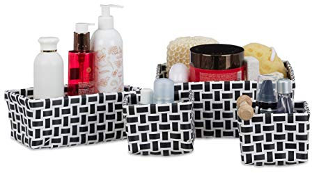 Relaxdays Aufbewahrungskorb 4er Set, Körbchen 3 Größen, geflochten, Korb Badezimmer, Dekokorb Kunststoff, weiß-schwarz, 22 x 22 x 10 cm