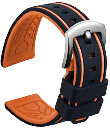 ULLCHRO Bracelet Montre Remplacer Silicone Bracelet Montre Bicolore - 20, 22, 24, 26mm Caoutchouc Montre Bracelet avec Acier Inoxydable Boucle Argent (26mm, Noir et Orange)