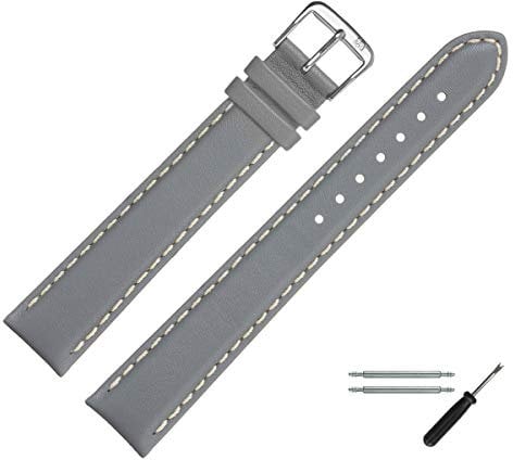 MARBURGER Uhrenarmband 20mm Leder Grau Silber XL Glatt Mit Naht - Montage Set 8022015000120