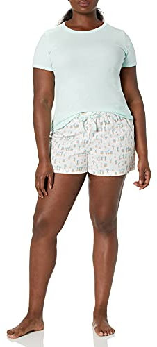 Amazon Essentials Set con Maglietta del Pigiama e Pantaloncini in Popeline Donna, Bianco Verde Menta Cactus, M