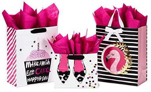 Hallmark 5EGB6423 Set mit Seidenpapier, (2 x groß, 1 x mittelgroß) Geschenkbeutel, Papier, Feminine Geschenktüten, 3 Stück