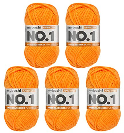 myboshi No.1 Wolle zum Häkeln und Stricken, Schnellstrickgarn, langlebige Mützenwolle, Strickwolle, Häkelwolle, mulesing-frei, 50g, Ll 55m Orange (Aprikose) 5 Knäuel