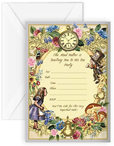 Alice im Wunderland Partyeinladungen, 20 Stück, inklusive 20 Umschläge, Partyzubehör, Hutmacher-Teeparty