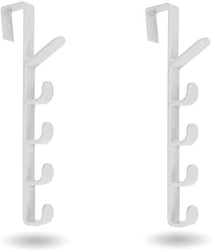 [Mighty Tidy Home] 2-Pack Over The Door Hook Hanger | 5-Hook Heavy-Duty Organizer Rack for Coats, Hats, Robes, Shirts, Belts, Bags, Towels, Closet and Bathroom (2-Pack in White)