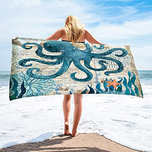 Große Strandtücher Badetuch Schnell Trocknend Wasseraufnahme Extra Microfiber,3D Meeresschildkröte, Krabbe,Hippocampus,Wal,Tintenfisch Motiv (Tintenfisch,150 × 180 cm)