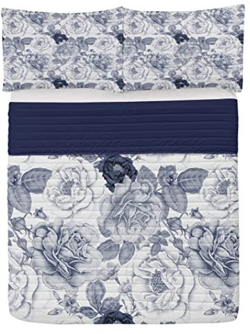 ABAKUHAUS Shabby Flora Ensemble de Couvre-lit en Microfibre, Jardin Roses Printemps, Ensemble de Linge de lit Doux avec Couvre-oreillers et Couette, 264 cm x 220 cm, Bleu Gris et Blanc