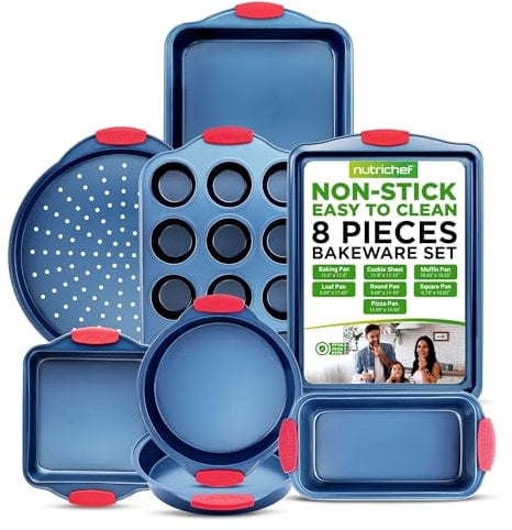NutriChef Set di 8 Teglie da Forno Antiaderente, Acciaio al Carbonio con Manici in Silicone, Include Vassoio Pizza, Stampo Pane, Muffin da 12 Tazze, Teglie Rotonde/Quadrato e per Biscotti