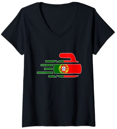 Damen Portugal Curling Fans Trikot Portugal Curling Fans Wintersport T-Shirt mit V-Ausschnitt