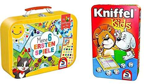Schmidt Spiele 40591 Meine 6 ersten Spiele im Metallkoffer, Kinderspielesammlung, bunt & 51245 Kniffel Kids BMM Metalldose