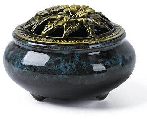 EOIMS Ceramic Incense Burner with Incense Holder+Spacer Layer,Fireproof Cotton,Handmade Smudgeing Burning Bowl for Stick or Coil Incense,Sage Cones and Frankincense (Dark Blue)
