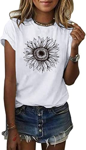 Cicy Bell Damen Sonnenblumen T Shirt Sommer Kurzarm Niedlich Grafik Lose T-Shirts Für Damen Tops Weiss XXL