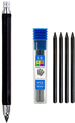 Crayon à dessin en métal de 5,6 mm avec 4 mines 2B, 4B, 6B, 8B, 8B, professionnel, esquisse, porte-mine, papeterie kawaii à remplir (noir)