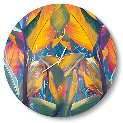 DEQORI Glasuhr | rund Ø 50 cm | Motiv Exotisches Blättermeer | große XXL Design Uhr aus Glas | leise Wanduhr für Wohnzimmer & Küche | Moderne Hingucker Uhr für die Wand