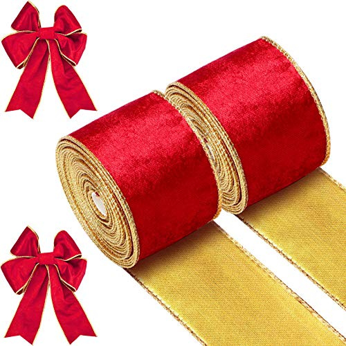 WILLBOND 2 Rollen Weihnachten Rote Samtbänder mit Goldbesatz Samt Drahtbänder Weihnachten Drahtkanten Band Dekoratives Stoff Samtband zum Verpacken Basteln Schleifen, Insgesamt 13 Yards