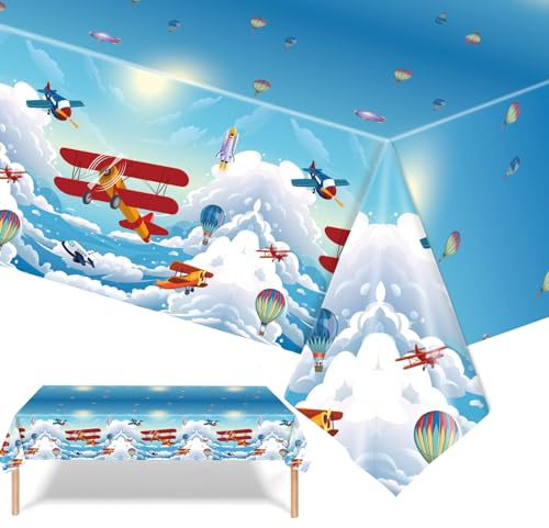 Xinfin 1 Stück Rechteckige Flugzeug Tischdecken - 137 x 274 cm Einweg Tischdecken aus Kunststoff für Kinder Geburtstag Party Spiel Sport Veranstaltungen (Flugzeug)