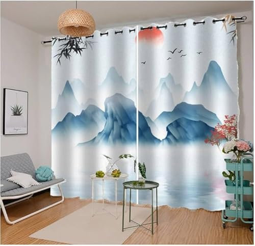 Sepustas Paysage Rideau Occultant Lot de 2 Chambre Enfant Fille Garcon 3D Impression Style Japonais Motif Rideaux Acoustiques Opaque Petites Fenêtres Décoration （140x160 cm）