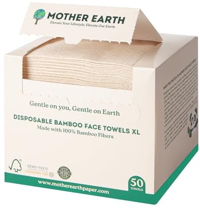 MOTHER EARTH Bamboo Face Towels XL - Hypoallergenic and Disposable Face Wipes | Dry Makeup Removers | Made from Bamboo Viscose | Extra Soft for Sensitive Skin | 50 Towels