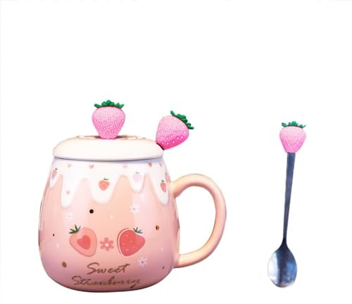Soulnioi Jolie tasse en céramique à la fraise avec couvercle et cuillère - 450 ml - Tasse Kawaii pour thé et lait - Cadeau pour fille/femme (fraise rose)