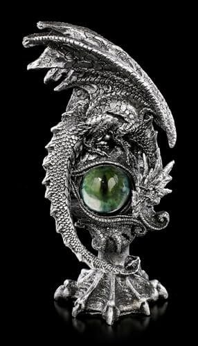 Drachen Figur mit Auge in Smaragdgrün 17,5 cm, silberfarben - Statue Deko Figur Drache Dragon Sammlerstück für Drachenliebhaber