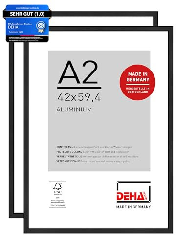 DEHA Design Bilderrahmen, 42 x 59,4 cm (A2) (2er Set), Aluminium, Schwarz matt, Posterrahmen zum Aufhängen im Hoch- & Querformat, bruchsicheres Kunstglas, Boston