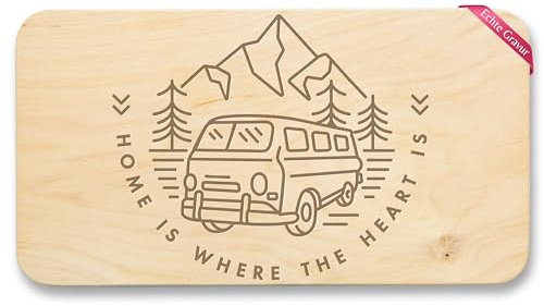 Frühstücksbrettchen Holz Natur - Camping - Frühstücksbrett - Home is where the heart is I Geschenk Wohnmobil I Camper Geschenkidee Wohnwagen - 22x12 - Holz - für campingwagen zubehör