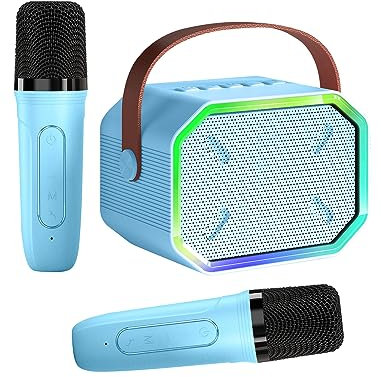 Caiord Machine à karaoké pour enfants et adultes, mini haut-parleur Bluetooth portable avec 2 microphones sans fil, lumières LED pour TV, fête à la maison, cadeaux pour filles, garçons, fête de