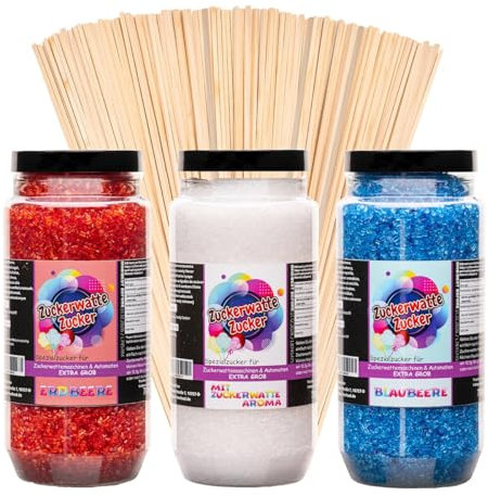 Zuckerwatte Zucker Set Grob 3x700 g mit 100 Stäben (Blaubeere, Erdbeere, Weiß)