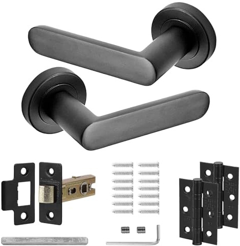 Decoranddecor Echo Matt Black Door Lever Handles - 54mm Round Rose - Aluminium - Latch and Hinge Kit