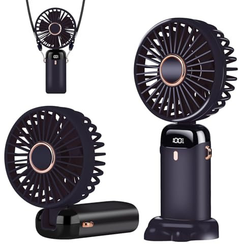 Aucoofany Portable Handheld Fan, 12 hours, Upgrade 3200mAh Portable Fan with LED Display, 90° Foldable, 5 Speed Wind,Hand Held/Neck/Desk 3 in 1 Personal Small Fans, Makeup Fans for Women (Dark Blue)