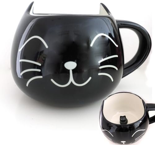 Evovee Black Cat Coffee Mugs with Hidden Cat Inside Kitty Kitten Face Tea Mug Cat Lovers Halloween Cute Ceramic Cup with Ears Peeking 3D Funny Women Lady Gifts