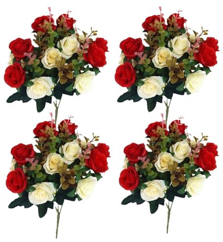 Wedhapy Bouquets de Fausses Roses pour Tombe - 4 Bouquets de 12 Têtes, 11.8'' Fleurs Artificielles en Soie pour Vase Funéraire, Décoration de Cimetière