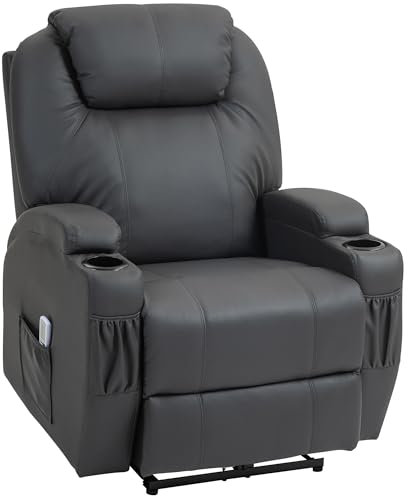 HOMCOM Fernsehsessel Elektrisch Relaxsessel mit Liegefunktion Aufstehhilfe Massage Massagesessel mit verstellbar Rückenlehne Seitentasche Getränkehalter TV Sessel bis 160kg für Wohnzimmer Dunkelgrau