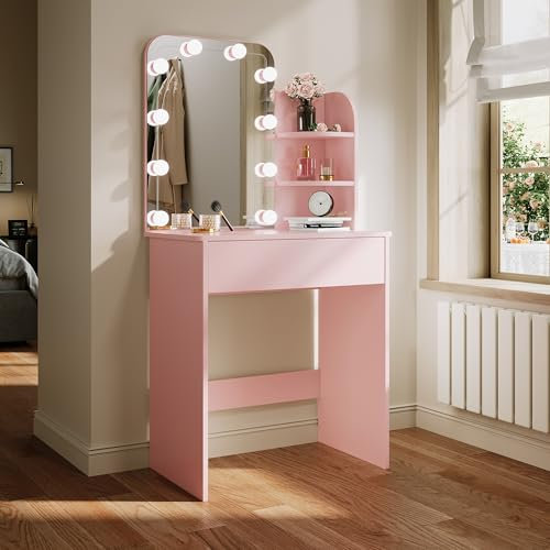 ELEGANT Pink Dressing Table with Hollywood LED Lights Mirror, Vanity Table with 1 Large Drawer & 2 Shelves, Large Storage Makeup Table for Women Girls Bedroom