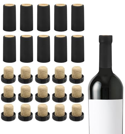 sourcing map 400Pcs PVC Heat Shrink Capsules with 40Pcs T-Shaped Cork Wine Stopper Wine Bottle Sealer Wrap Caps with Tear-Off Tabs for Wine Glass Bottles, Wine Cellars, Home, 30x60mm, Black