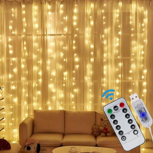LABEHOLD Lichtervorhang Lichterkette Innen 3x3m - 300 LED Lichterketten Vorhang, Dimmbar Lichtervorhang Innen USB mit Fernbedienung Timer für innen und außen Deko, Warmweiß 8 Modi