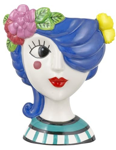 Baroni Home Jarrón de cerámica de diseño con cara – Adorno moderno pintado a mano para plantas de interior o exterior, decorativo (iris, grande)