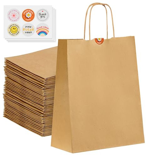 Pack 50 bolsas de papel con asas kraft 27.5 x 22 x 10 cm, bolsas ideales para regalo, cumpleaños y bolsitas para pequeños detalles