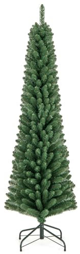 COSTWAY 5FT/6FT/7FT/8FT Green Pencil Slim Christmas Tree, Traditional Artificial Xmas Tree with Metal Stand, Christmas Decoration and Gift (6FT-with 392 Tips)