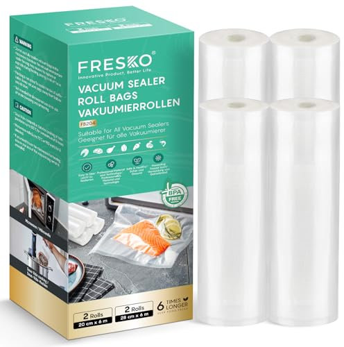 FRESKO Vakuumrollen 2 Rollen 28 x 600cm+2 Rollen 20 x 600cm, Professionelle Vakuumierbeutel Folienbeutel, Größe für alle Vakuumiergeräte, BPA-frei, Geprägte Luftrillen, Sous-Vide-Gefrierbeutel