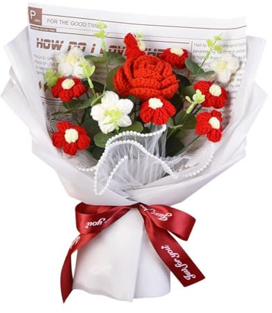 F Fityle Bouquet di fiori all'uncinetto Fiori lavorati a maglia Decorazione primaverile Bouquet lavorato a maglia già per la festa di San, Bianco