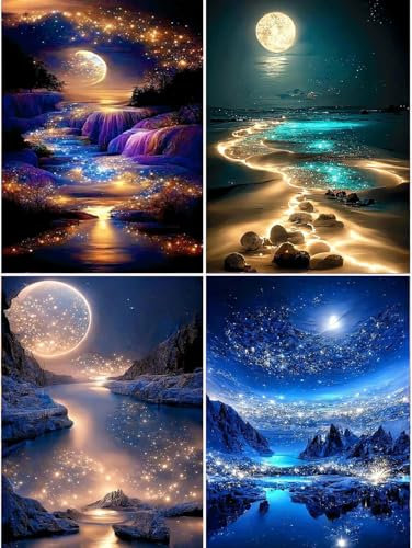 Aimorty 4 Stück Diamant Painting Set Diamond Painting Erwachsene Kinder Diamant Painting Bilder 5D Dimond Painting Mond Diamanten Painting Zubehör für Das wohnzimmer,Die Schlafzimmer, Die Büros Wände