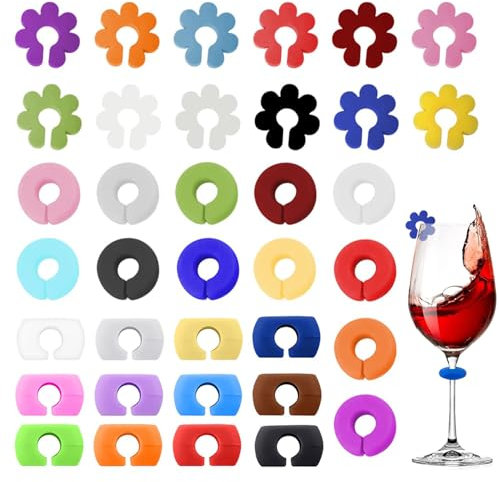 AOOTUERL Glasmarkierer, 36 Stück Glas Markierung, Glasmarker Silikon Wein Marker Weinglasmarkierer für Weinglas/Tassen/Trinkglas
