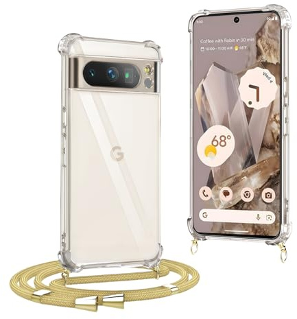 Rockbamb Handykette kompatibel mit Google Pixel 8 Pro Hülle, Necklace Hülle mit Band Handyhülle für zum Umhängen, Soft Transparent Schutzhülle mit Schnur [Stoßfest] [Längenverstellbar], Beige