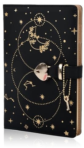 Duronge A5 Notebook Heart Padlock, PU Hardcover Leather Locked Journal with 192 Pages, Heart Lockable Journal Notebook with Key for Boys and Girls, Black