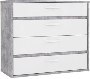 Kommode >CANMORE< Betonoptik / Weiß Hochglanz, 99,5x86,3x41,5 cm, 4 Schubladen, modernes Design, robuste Spanplatte, pflegeleicht, ABS-Kanten, Kunststoffgriffe weiß glänzend, zerlegt geliefert