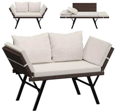 STEELSØN Gartenbank mit Auflagen Elytra, Sonnenliege Sitzbank Bank Gartenliege 4 verstellbare Positionen der Armlehne, Gartenmöbel Balkonbank 177 cm Braun/Beige Poly Rattan